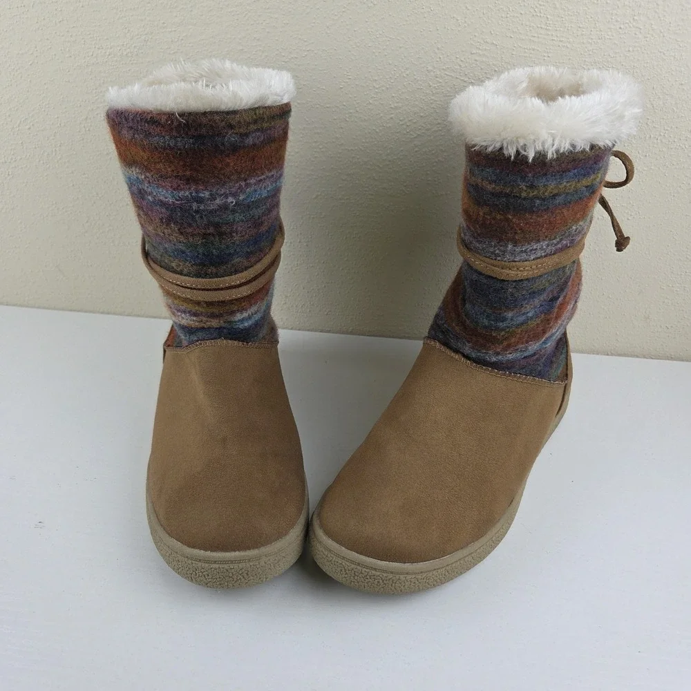 Airwalk Venus Mid Calf Boots Womens‎ Sz 7.5 Cognac Brown Multicolor Sherpa Lined